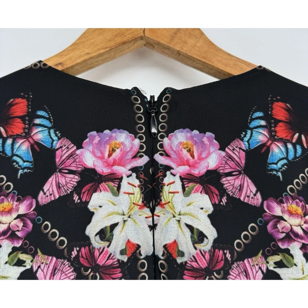 Bebe Bell Sleeve Dress Women's Small Black Pink Floral Chiffon Clara‎ Ruffle